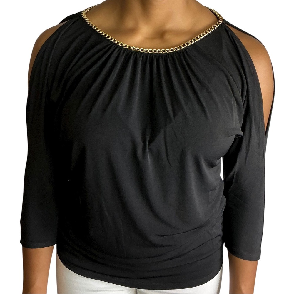 Carmen Marc Valvo Cold Shoulder Top Gold Chain Neck 3/4‎ Sleeve Black Blouse XS